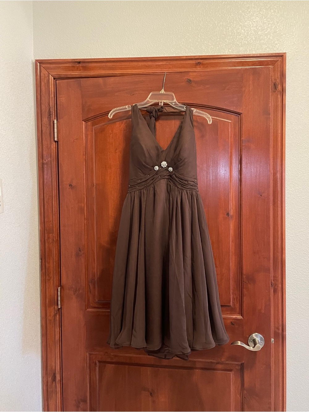 Brown Halter Midi Dress with Embellished Waist